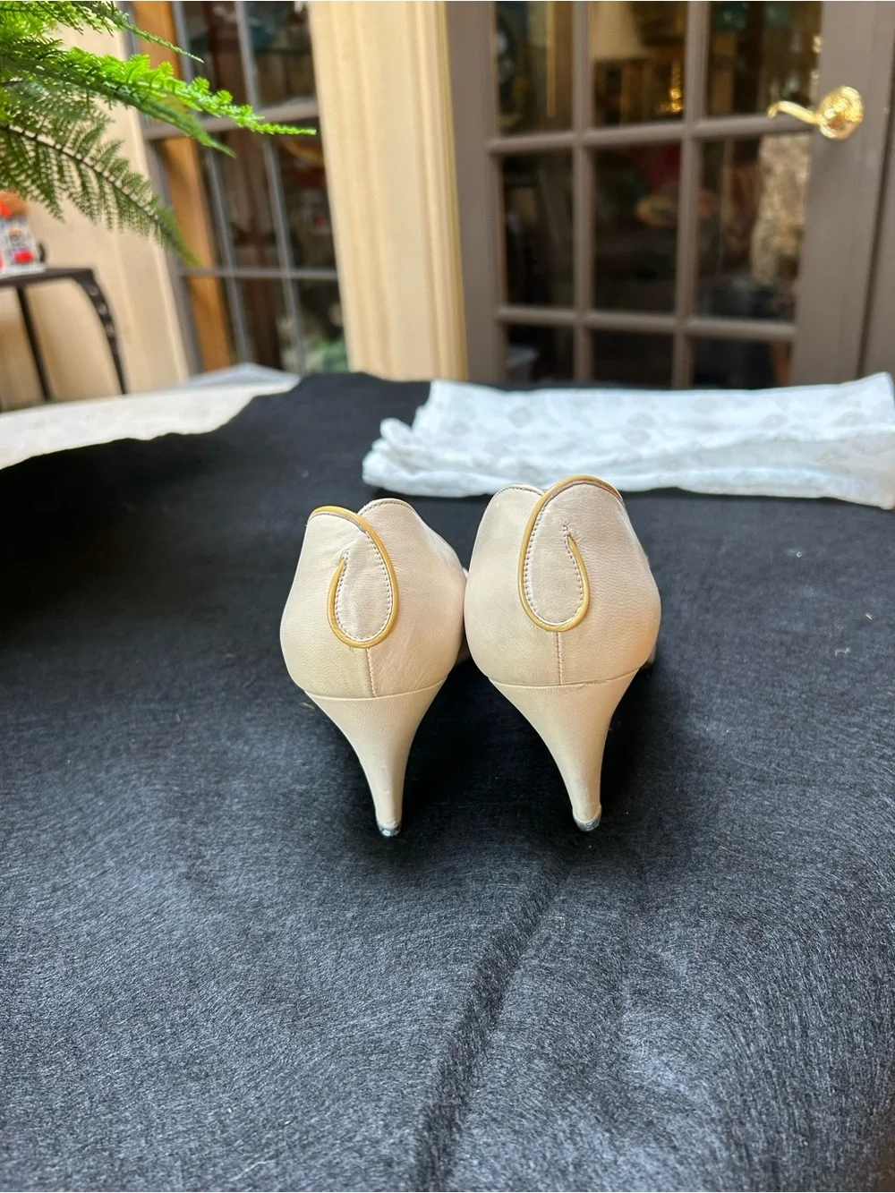Bruno Magli Cream Leather Pointed-Toe Pumps with Yellow Trim